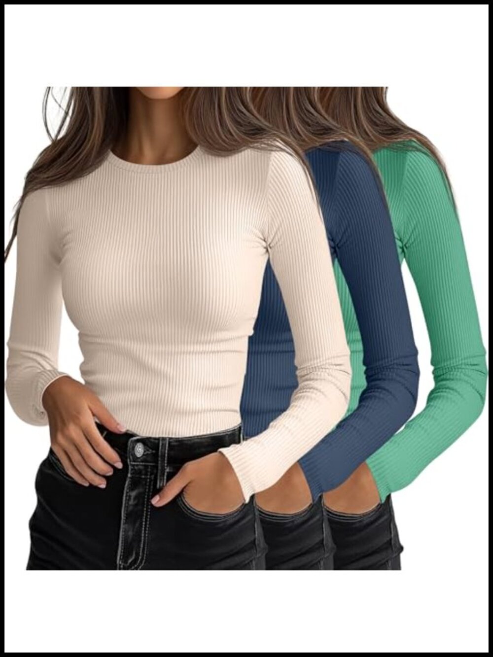 Ficerd 3 Pack Women's Ribbed Long Sleeve Fitted Tops Crew Neck